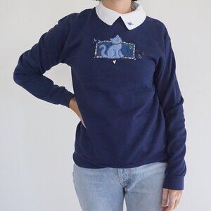 Vintage Top Stitch Navy Blue White Embroidered Cat Peter Pan Collar Sweater S